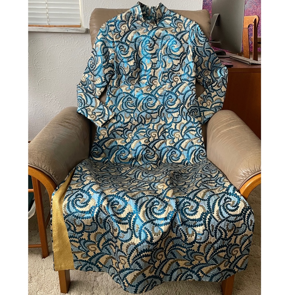 Vintage Custom Metallic Gold & Blue Brocade Mandarin Long Sleeve Sheath Gown